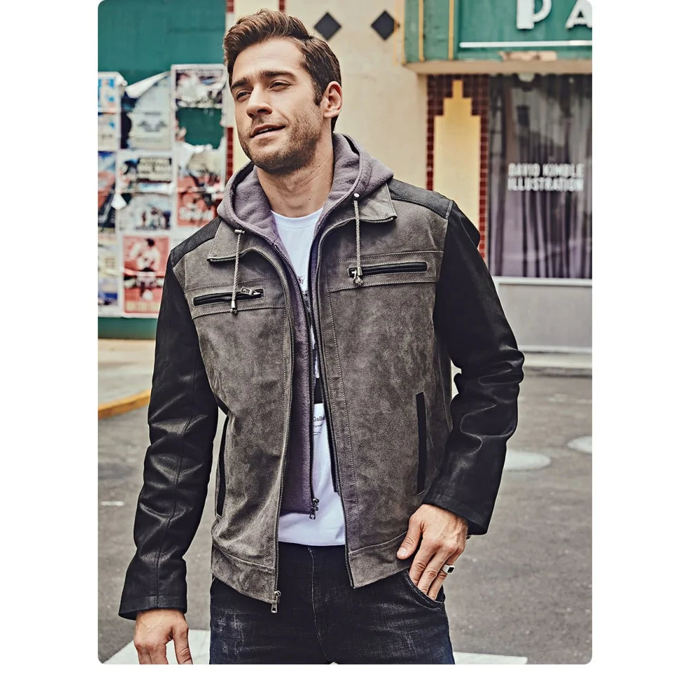 Men jackets with a zip - off sleeves to convert to a vestCasual Men's Genuine Pigskin Leather Motorcycle Jacket with Detachable Hood Men jackets with a zip - off sleeves to convert to a vestCasual Men's Genuine Pigskin Leather Motorcycle Jacket with Detachable Hood