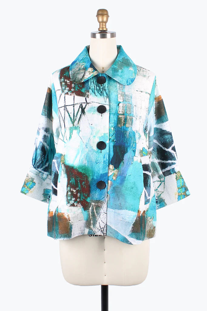 Plus - size men jackets with adjustable drawstrings for a comfortable fitDameeOil Painting Wide Bal Collar Jacket 4877-TURQ