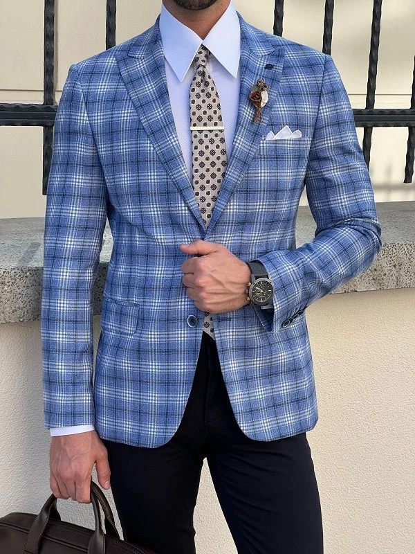 Plus Size Men's Paisley Print Silk Blazer in Royal Blue for a Statement - Making Party OutfitEdmond Blue Slim Fit Peak Lapel Plaid Blazer Plus Size Men's Paisley Print Silk Blazer in Royal Blue for a Statement - Making Party OutfitEdmond Blue Slim Fit Peak Lapel Plaid Blazer