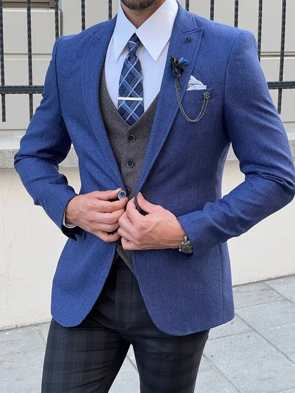 Plus Size Men's Charcoal Grey Linen Blazer with Notch Lapel for a Summer - Ready StyleEdmond Royal Blue Slim Fit Peak Lapel Blazer Plus Size Men's Charcoal Grey Linen Blazer with Notch Lapel for a Summer - Ready StyleEdmond Royal Blue Slim Fit Peak Lapel Blazer