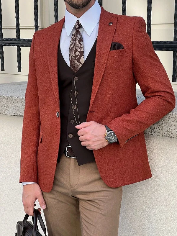 Tall Men's Black Leather Blazer with Zipper Details for a Modern and Edgy LookEdmond Rust Brown Slim Fit Peak Lapel Blazer Tall Men's Black Leather Blazer with Zipper Details for a Modern and Edgy LookEdmond Rust Brown Slim Fit Peak Lapel Blazer