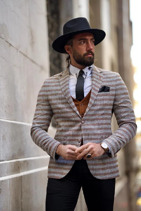 Men's Metallic - Trimmed Blazer in Silver for a Glamorous and Eye - Catching Party AttireFabio Brown Slim Fit Notch Lapel Striped Blazer Men's Metallic - Trimmed Blazer in Silver for a Glamorous and Eye - Catching Party AttireFabio Brown Slim Fit Notch Lapel Striped Blazer