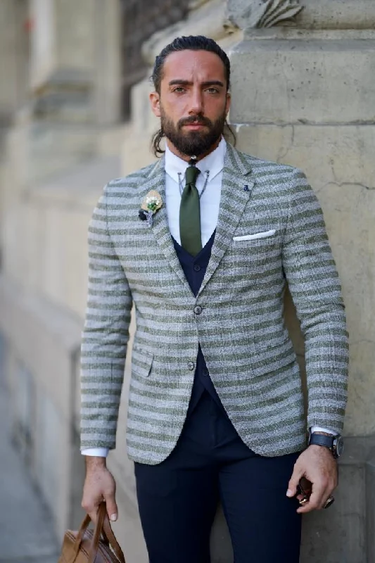 Tall Men's White Linen Blazer with Gold Buttons for a Beach - Ready and Elegant LookFabio Green Slim Fit Notch Lapel Striped Blazer Tall Men's White Linen Blazer with Gold Buttons for a Beach - Ready and Elegant LookFabio Green Slim Fit Notch Lapel Striped Blazer