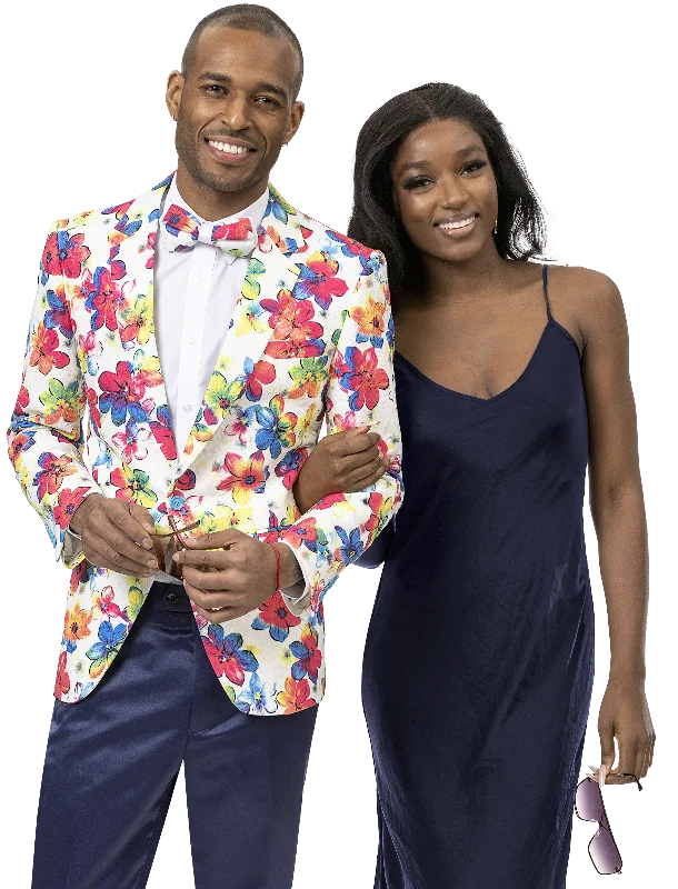 Plus Size Men's Paisley Print Silk Blazer in Royal Blue for a Statement - Making Party OutfitFlower Design Fashion Blazer J163