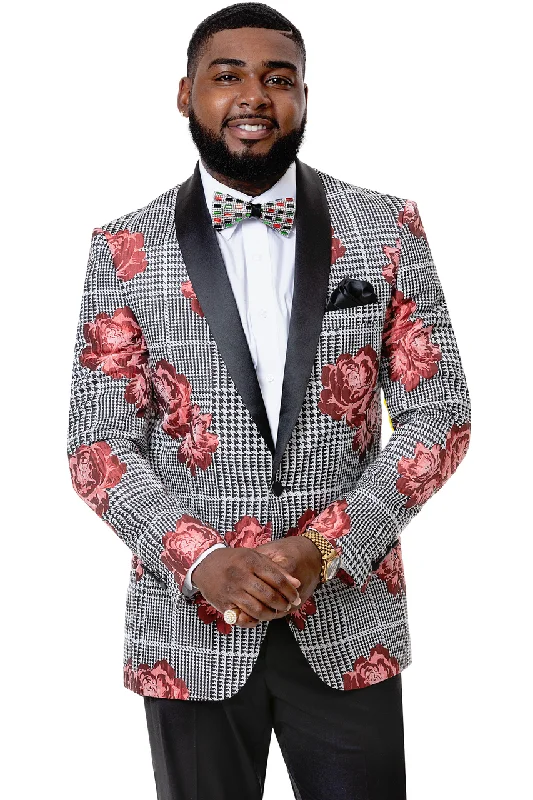 Men's Double - Breasted Velvet Blazer in Burgundy for a Sophisticated Evening OutfitHoundstooth Floral Print Fashion Blazer J60 Men's Double - Breasted Velvet Blazer in Burgundy for a Sophisticated Evening OutfitHoundstooth Floral Print Fashion Blazer J60