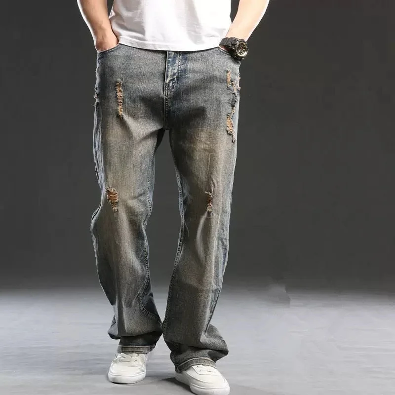 Plus Size Men's Relaxed Fit Jeans with a Faded Wash for a Vintage - Inspired LookMen's Denim Hip Hop Style Mid Waist Loose Straight-Ripped Jeans Pants Plus Size Men's Relaxed Fit Jeans with a Faded Wash for a Vintage - Inspired LookMen's Denim Hip Hop Style Mid Waist Loose Straight-Ripped Jeans Pants