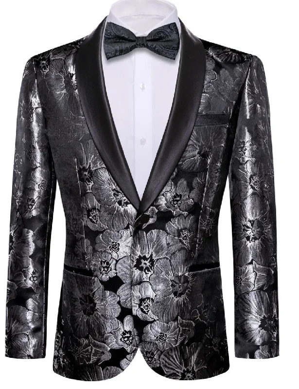 Men's Metallic - Trimmed Blazer in Silver for a Glamorous and Eye - Catching Party AttireMen's Dress Party Black Floral Suit Jacket Slim One Button Stylish Blazer-XX-0040 Men's Metallic - Trimmed Blazer in Silver for a Glamorous and Eye - Catching Party AttireMen's Dress Party Black Floral Suit Jacket Slim One Button Stylish Blazer-XX-0040