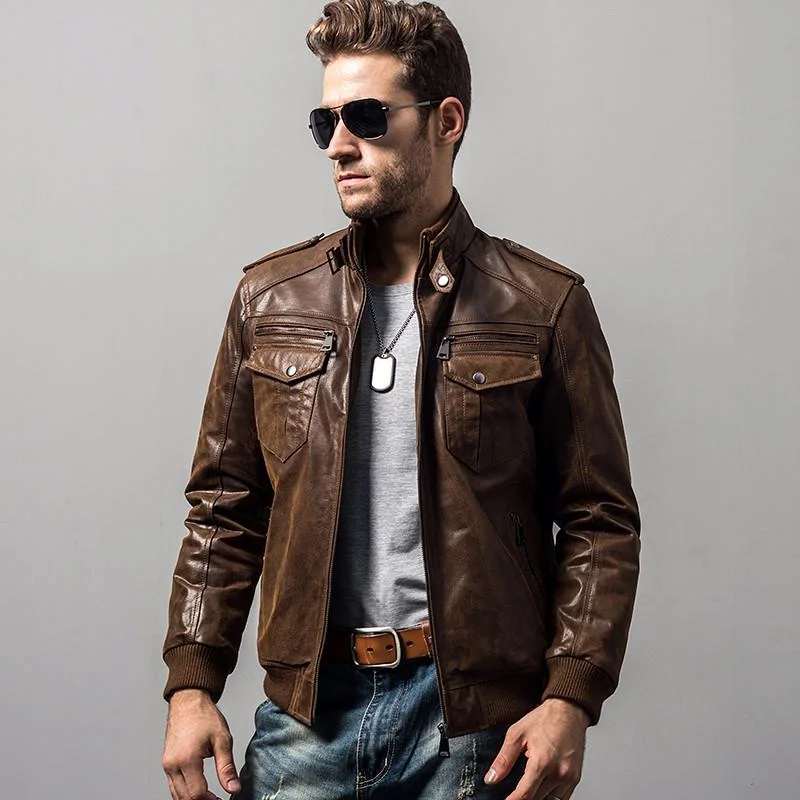 Slim - fit leather men jackets with a distressed finish for a rugged lookMen's Padded Cotton Warm Genuine Pigskin Leather Motorcycle Jacket Slim - fit leather men jackets with a distressed finish for a rugged lookMen's Padded Cotton Warm Genuine Pigskin Leather Motorcycle Jacket