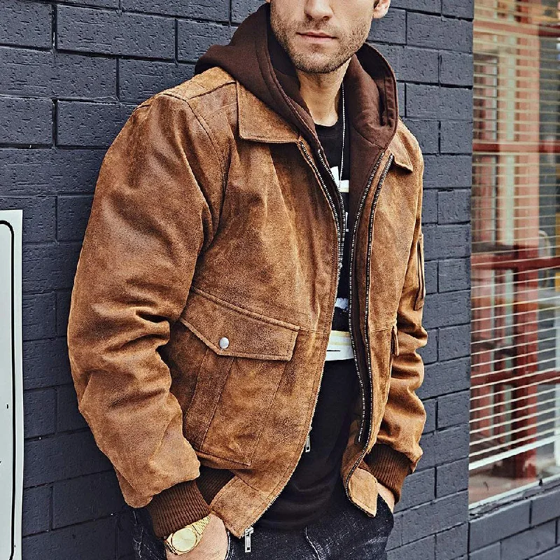 Fleece - lined men jackets for cold - weather commutingMen's Removable Hood Air Force Genuine Leather Bomber Jackets Fleece - lined men jackets for cold - weather commutingMen's Removable Hood Air Force Genuine Leather Bomber Jackets