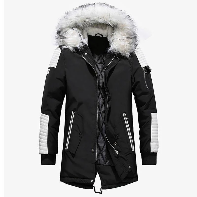 Denim men jackets with embroidered patches for a personalized touchMen's Thick Warm Winter Parkas Hooded Collar Casual Outwear Jackets