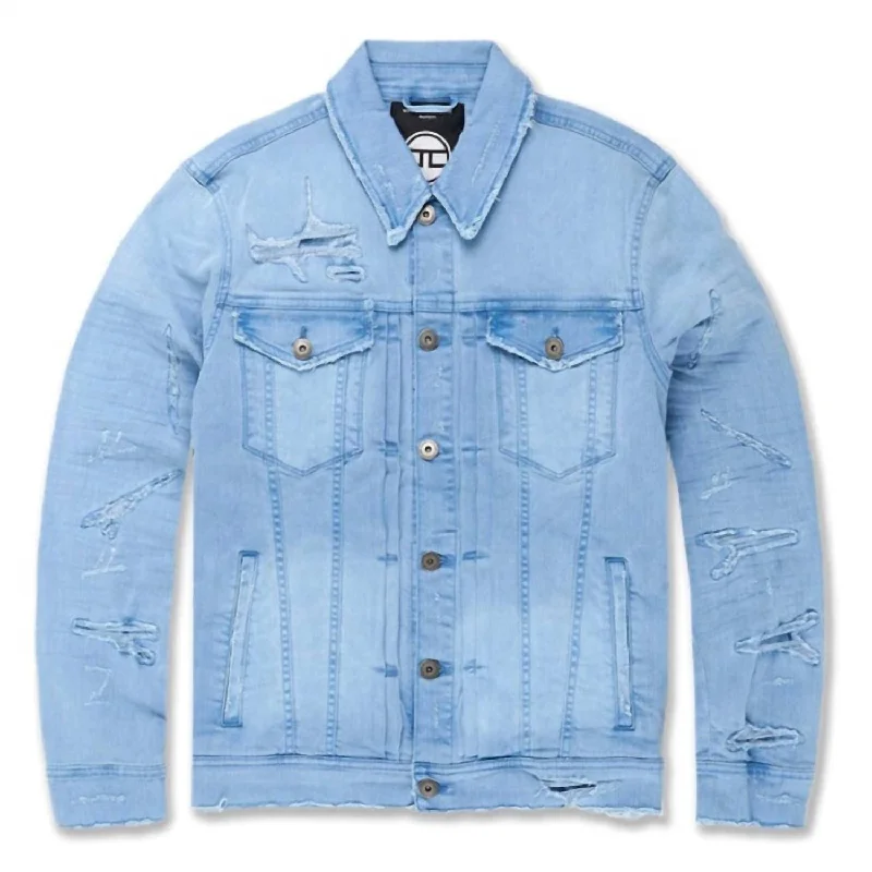 Down - filled men jackets in bright colors for winter fashionMen's Tribeca Twill Trucker Jacket In Sky Foam Down - filled men jackets in bright colors for winter fashionMen's Tribeca Twill Trucker Jacket In Sky Foam