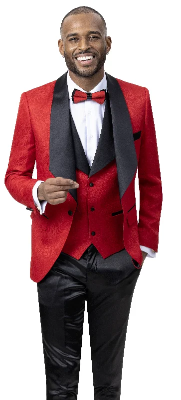 Tall Men's Black Leather Blazer with Zipper Details for a Modern and Edgy LookRed Tone on Tone Design Fashion Blazer & Vest-Soprano J64 Tall Men's Black Leather Blazer with Zipper Details for a Modern and Edgy LookRed Tone on Tone Design Fashion Blazer & Vest-Soprano J64