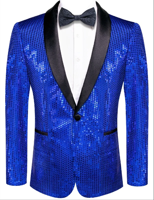 Men's Metallic - Trimmed Blazer in Silver for a Glamorous and Eye - Catching Party AttireSequin Blue Solid Jacket with Black Shawl Collar - XX-1079 Men's Metallic - Trimmed Blazer in Silver for a Glamorous and Eye - Catching Party AttireSequin Blue Solid Jacket with Black Shawl Collar - XX-1079