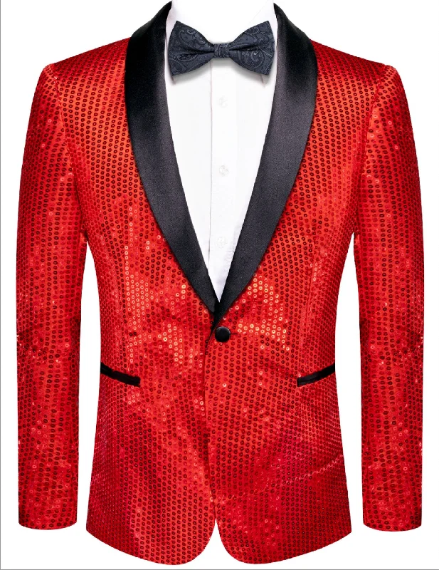 Tall Men's Black Leather Blazer with Zipper Details for a Modern and Edgy LookSequin Red Solid Jacket with Black Shawl Collar - XX-1083 Tall Men's Black Leather Blazer with Zipper Details for a Modern and Edgy LookSequin Red Solid Jacket with Black Shawl Collar - XX-1083