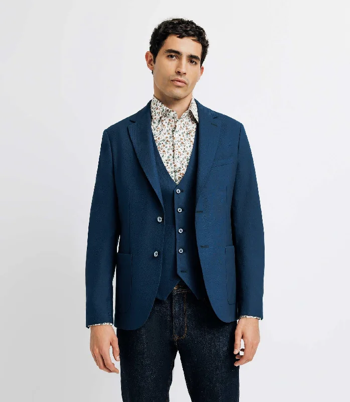 Plus Size Men's Paisley Print Silk Blazer in Royal Blue for a Statement - Making Party OutfitVeste casual armurée effet nid d'abeille marine
