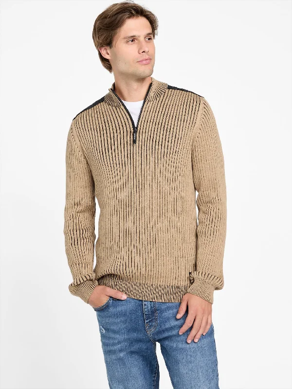 Men's Fringe - Trimmed Boho - Style Sweater in Beige for a Music Festival VibeCarson Zip Pullover Sweater Men's Fringe - Trimmed Boho - Style Sweater in Beige for a Music Festival VibeCarson Zip Pullover Sweater