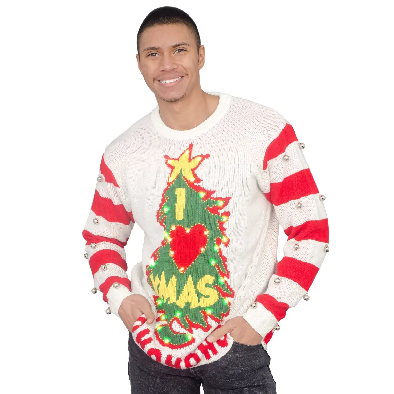 Men's Fringe - Trimmed Boho - Style Sweater in Beige for a Music Festival VibeI Love Xmas HOHOHO Light Up (LED) and Bells Ugly Christmas Sweater