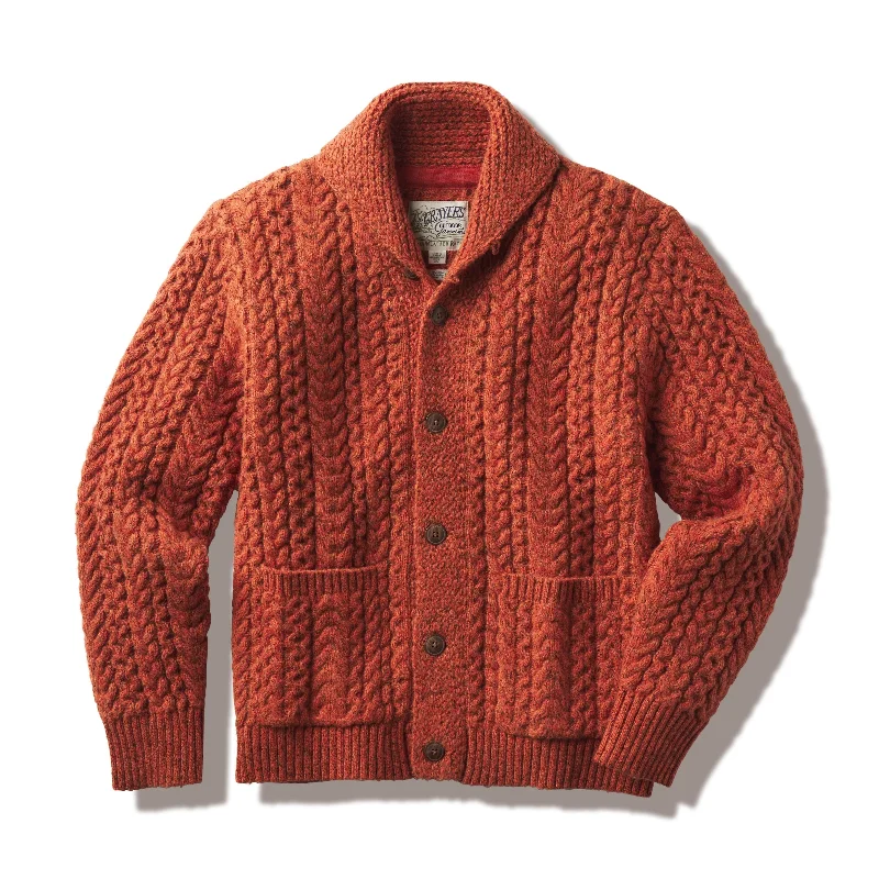 Regular Fit Men's Mock - Neck Sweater in Teal with a Side Slit for a Modern Office AttireMelange Cable Shawl Cardigan - Burnt Orange Regular Fit Men's Mock - Neck Sweater in Teal with a Side Slit for a Modern Office AttireMelange Cable Shawl Cardigan - Burnt Orange