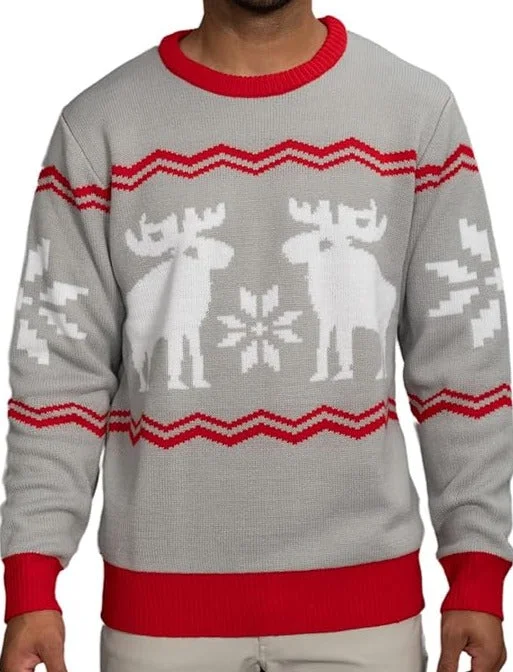 Slim Fit Men's Long - Sleeve Cotton - Linen Blend Sweater in Beige for a Summer Casual LookSnowflakes and Moose Ugly Christmas Sweater Slim Fit Men's Long - Sleeve Cotton - Linen Blend Sweater in Beige for a Summer Casual LookSnowflakes and Moose Ugly Christmas Sweater