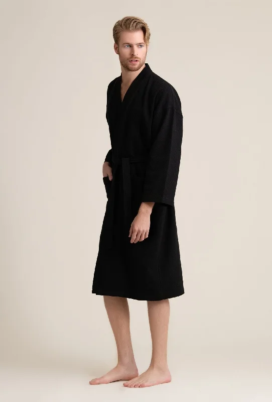 Men's plus - size robes for a comfortable fit100% Cotton Waffle Weave Black Men's Spa Bathrobe Men's plus - size robes for a comfortable fit100% Cotton Waffle Weave Black Men's Spa Bathrobe