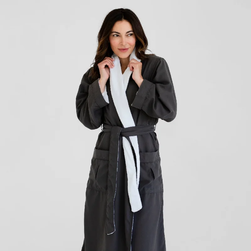 Men's robes with a ribbed cuffs and hem​Deluxe Plush Spa Robe - Charcoal/White
