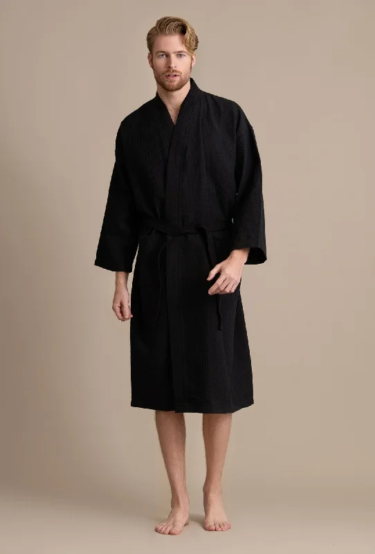 Men's robes for formal occasions​Men's Waffle Kimono Black Robe