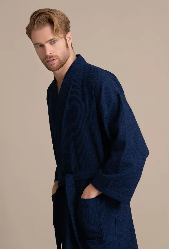 Men's lightweight linen robes for summer comfort​Men's Waffle Kimono Navy Robe