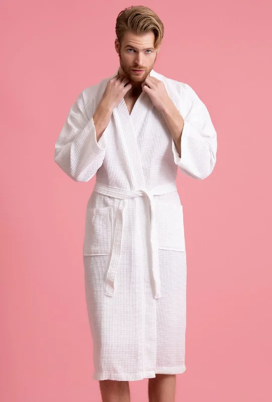 Men's robes with a button - front closure​Men's Waffle Kimono White Robe