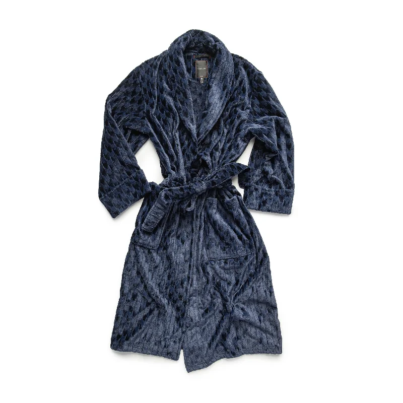 Men's robes with a detachable belt​Plush Striped Houndstooth Robe in Navy