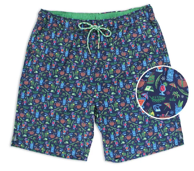 Men's Drawstring Waist Swim Shorts with Adjustable Ties for a Secure FitTiki Happy Hour: Swim Trunks - Navy Men's Drawstring Waist Swim Shorts with Adjustable Ties for a Secure FitTiki Happy Hour: Swim Trunks - Navy