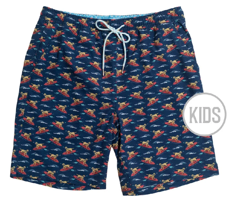 Men's Retro - Style Swim Shorts with Striped Patterns for a Nostalgic Beach VibeDoggy Paddle: Kid's Swim Trunks - Navy Men's Retro - Style Swim Shorts with Striped Patterns for a Nostalgic Beach VibeDoggy Paddle: Kid's Swim Trunks - Navy