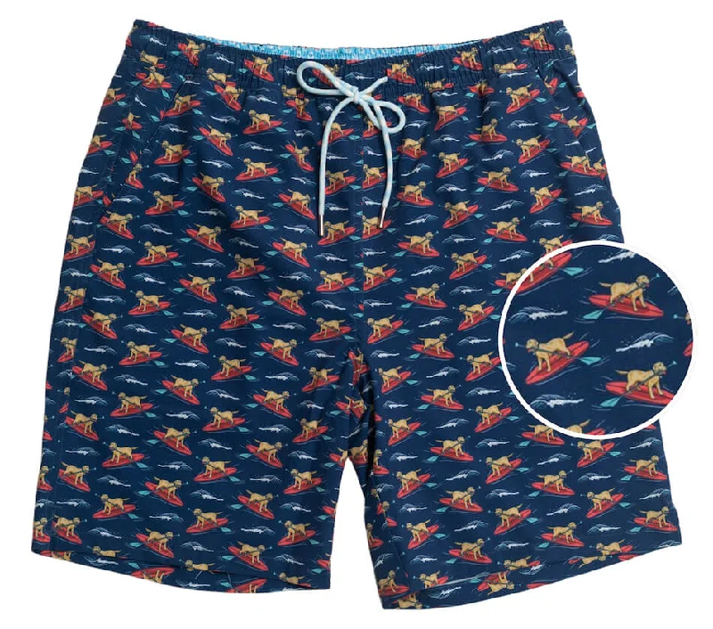 Men's Camouflage Print Swim Shorts for a Military - Inspired Beach or Surfing StyleDoggy Paddle: Swim Trunks - Navy Men's Camouflage Print Swim Shorts for a Military - Inspired Beach or Surfing StyleDoggy Paddle: Swim Trunks - Navy