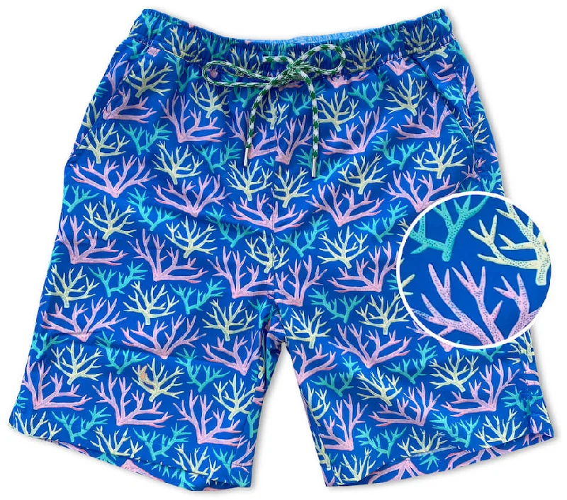 Men's Camouflage Print Swim Shorts for a Military - Inspired Beach or Surfing StyleKey Largo Coral: Swim Trunks - Blue Men's Camouflage Print Swim Shorts for a Military - Inspired Beach or Surfing StyleKey Largo Coral: Swim Trunks - Blue