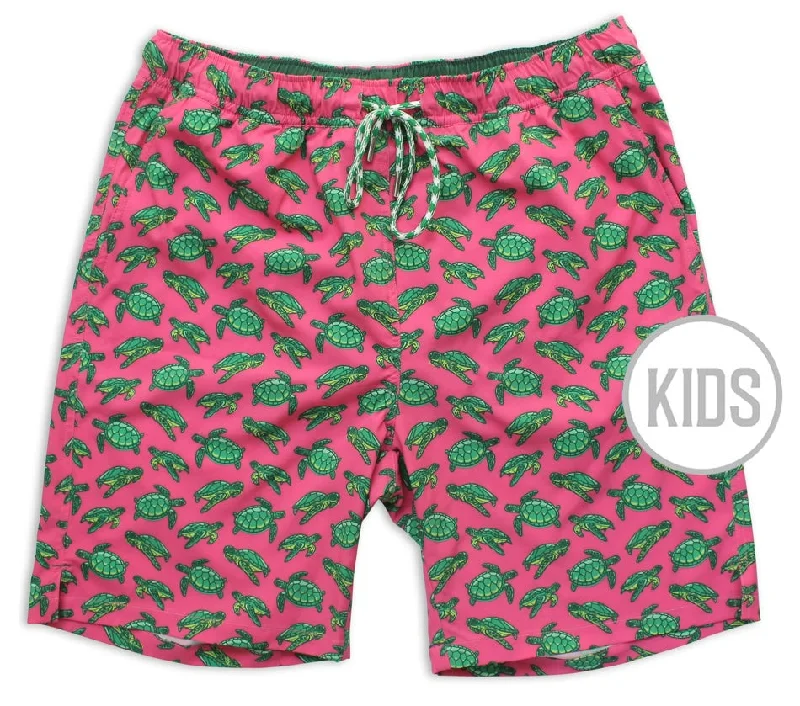 Men's Retro - Style Swim Shorts with Striped Patterns for a Nostalgic Beach VibeTurtle Tour: Kid's Swim Trunks - Coral Men's Retro - Style Swim Shorts with Striped Patterns for a Nostalgic Beach VibeTurtle Tour: Kid's Swim Trunks - Coral