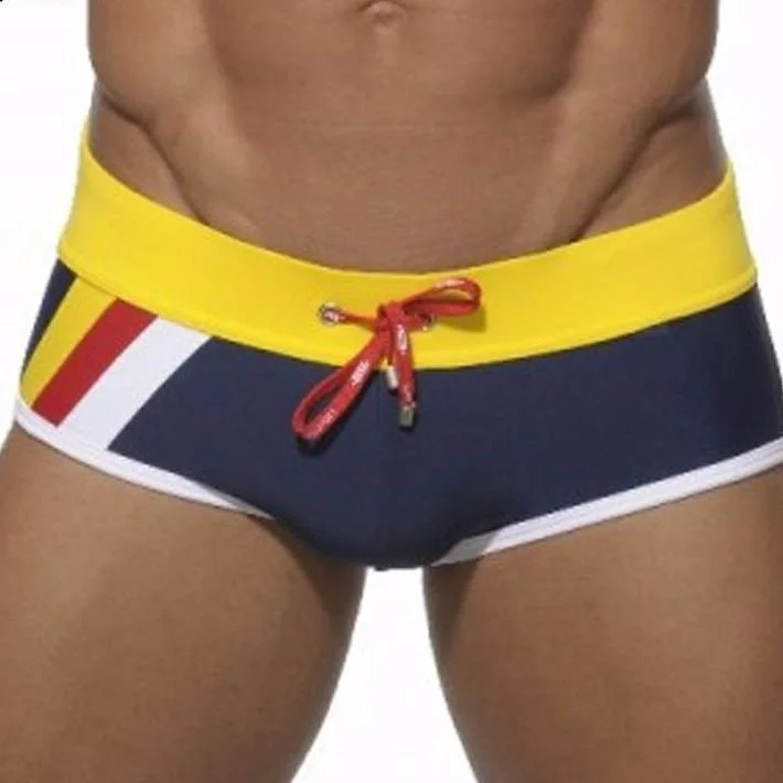 Men's Sustainable Recycled Material Swim Shorts for Eco - Conscious SwimmersTriple Striped Square Cut Swim Trunks Men's Sustainable Recycled Material Swim Shorts for Eco - Conscious SwimmersTriple Striped Square Cut Swim Trunks