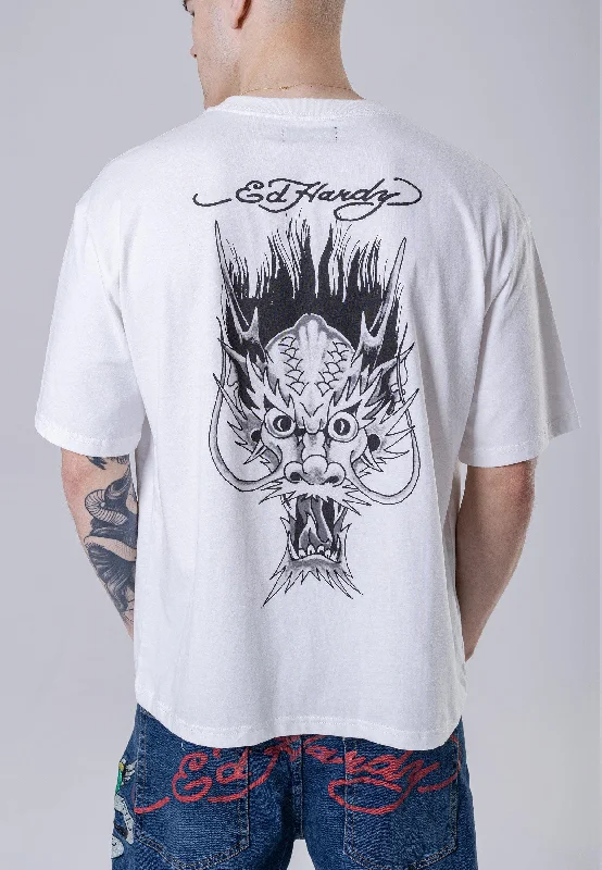 Men's button - front t - shirts with a unique artistic printMens Dragons-Back Tonal T-Shirt - White