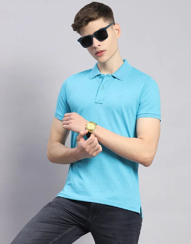 Men's two - tone stripe polo shirts with a preppy styleMen Blue Solid Polo Collar Half Sleeve T-Shirt