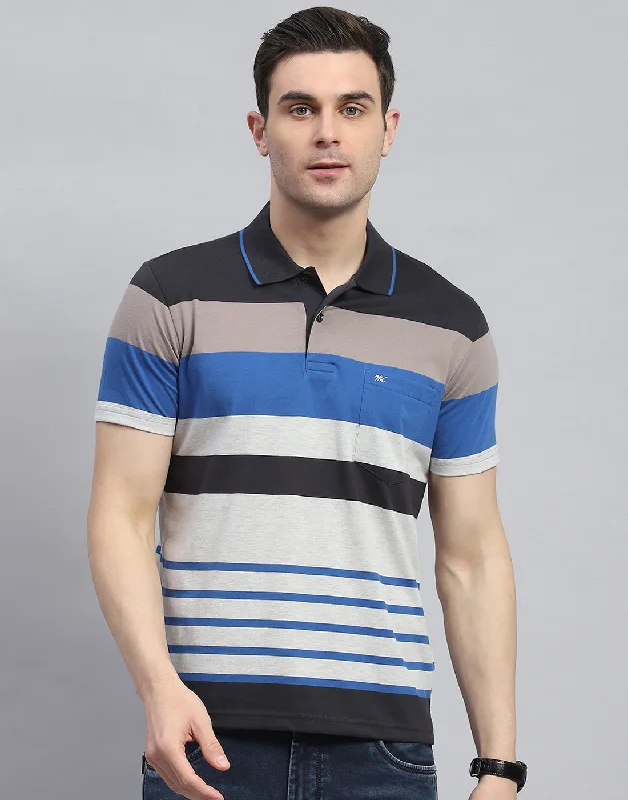 Men's stretchable athletic polo shirts for fitness workoutsMen Blue Stripe Polo Collar Half Sleeve T-Shirt