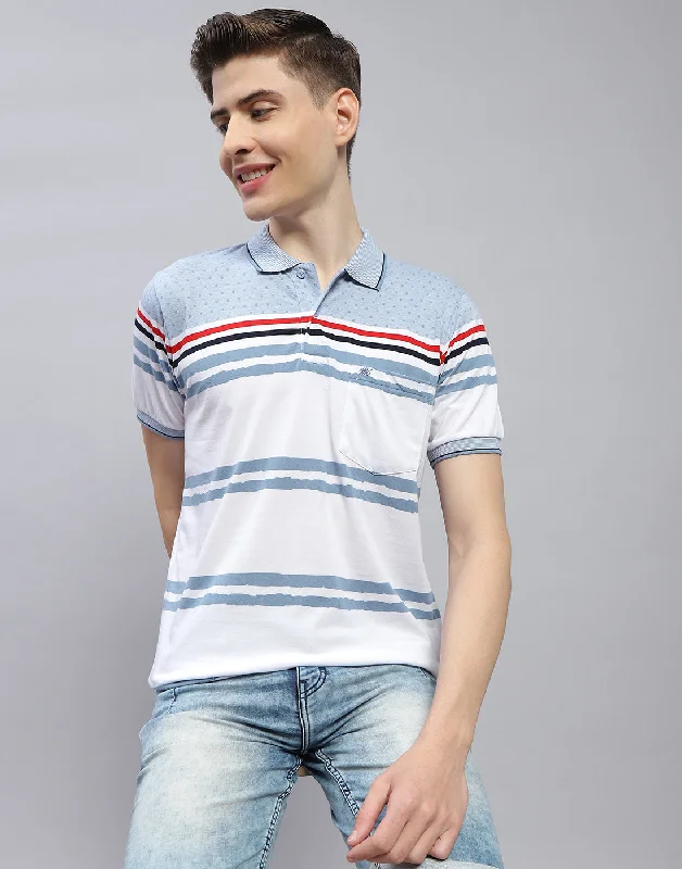 Men's breathable cotton blend polo shirts for summer outingsMen Blue Stripe Polo Collar Half Sleeve T-Shirt
