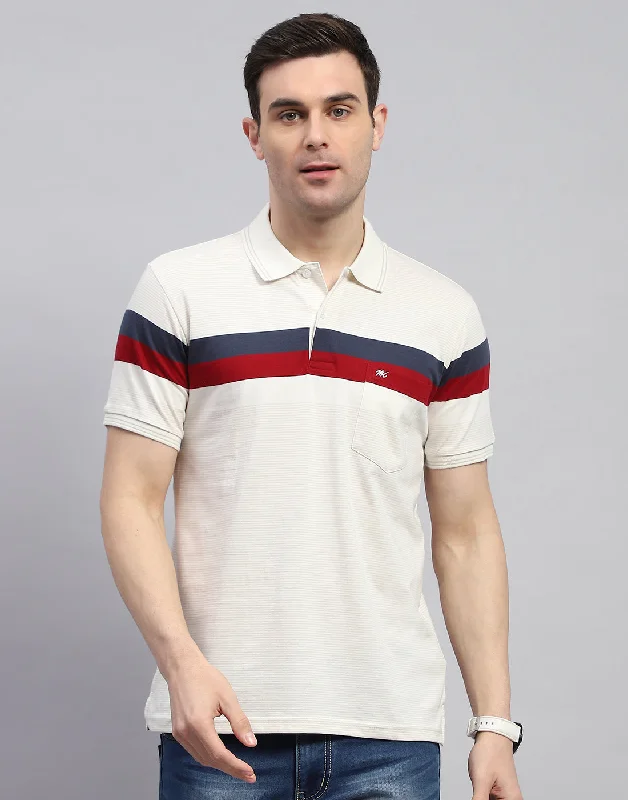 Men's budget - friendly basic polo shirts in multiple colorsMen Cream Stripe Polo Collar Half Sleeve T-Shirt