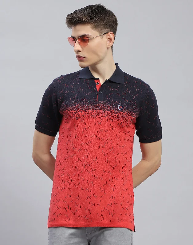 Men's slim fit short sleeve polo shirts with contrast collarsMen Navy Blue Printed Polo Collar Half Sleeve T-Shirt