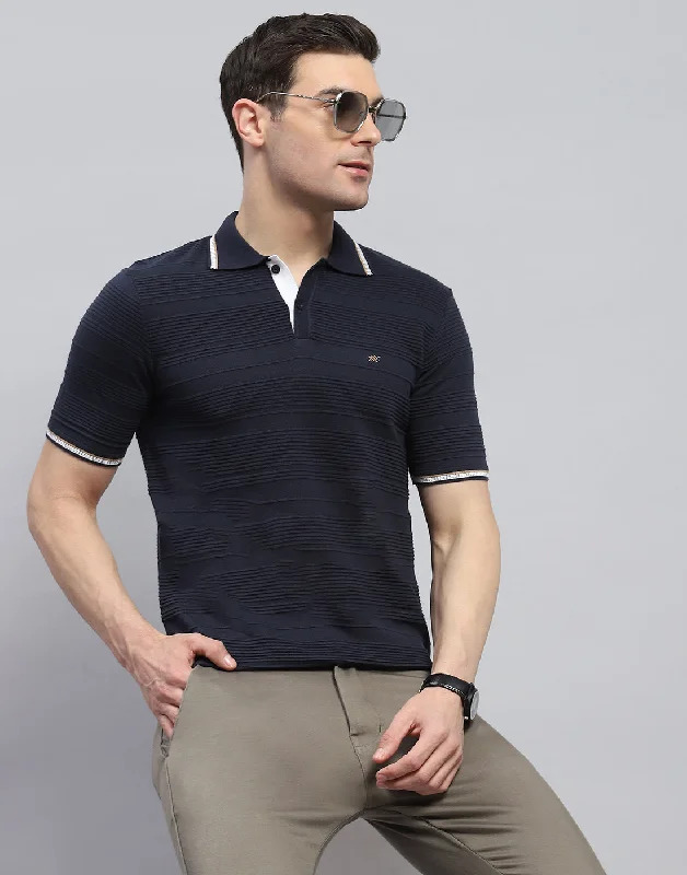 Men's luxury cashmere blend polo shirts in solid colorsMen Navy Blue Solid Polo Collar Half Sleeve T-Shirt