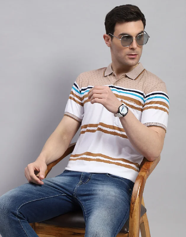 Men's stretchable athletic polo shirts for fitness workoutsMen Peach Stripe Polo Collar Half Sleeve T-Shirt