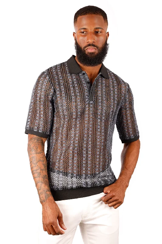 Men's button - down spread collar polo shirts for business casualTwine Motif Polo Shirt Men's button - down spread collar polo shirts for business casualTwine Motif Polo Shirt