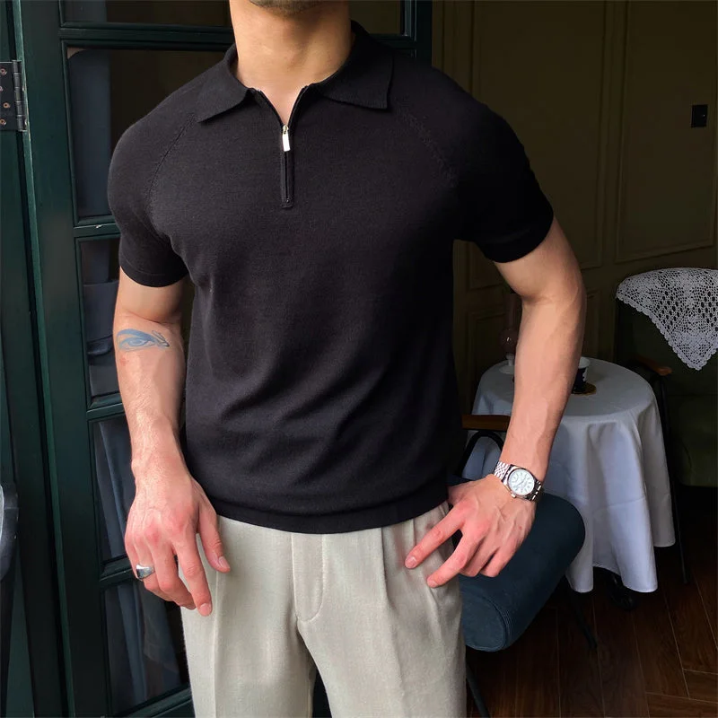 Men's luxury cashmere blend polo shirts in solid colorsZipped Knit Polo Collar