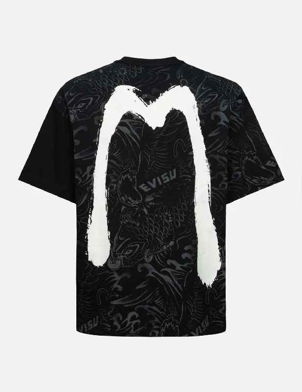 Men's long - sleeve henley t - shirts with button - down placketsAllover Koi Seagull and Brushstroke Print Loose Fit T-shirt Men's long - sleeve henley t - shirts with button - down placketsAllover Koi Seagull and Brushstroke Print Loose Fit T-shirt