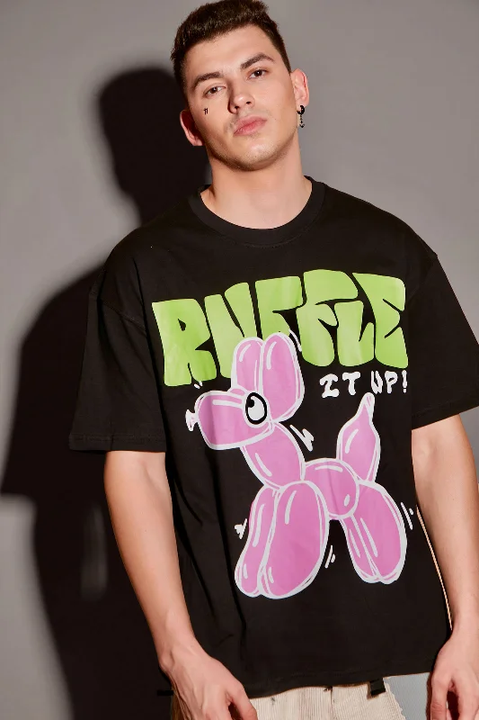 Men's mock - neck t - shirts with a modern and sleek styleBlack Ruffle It Up Oversized T-shirt