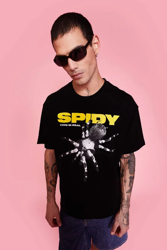 Men's button - front t - shirts with a unique artistic printBlack Spidy Oversized T-Shirt Men's button - front t - shirts with a unique artistic printBlack Spidy Oversized T-Shirt