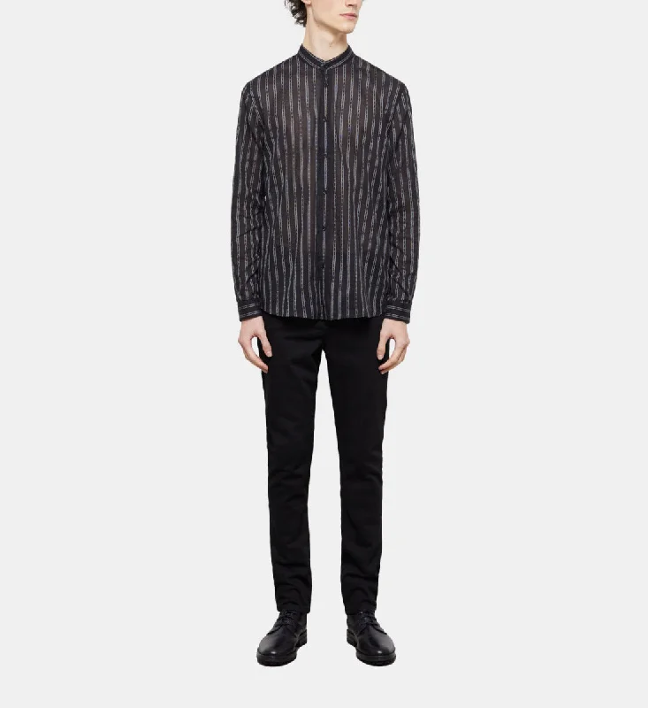 Men's short - sleeve linen t - shirts for summer beach outingsBlack Striped Shirt With Officer Collar Men's short - sleeve linen t - shirts for summer beach outingsBlack Striped Shirt With Officer Collar