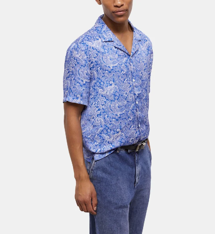 Men's short - sleeve linen t - shirts for summer beach outingsBlue Printed Shirt